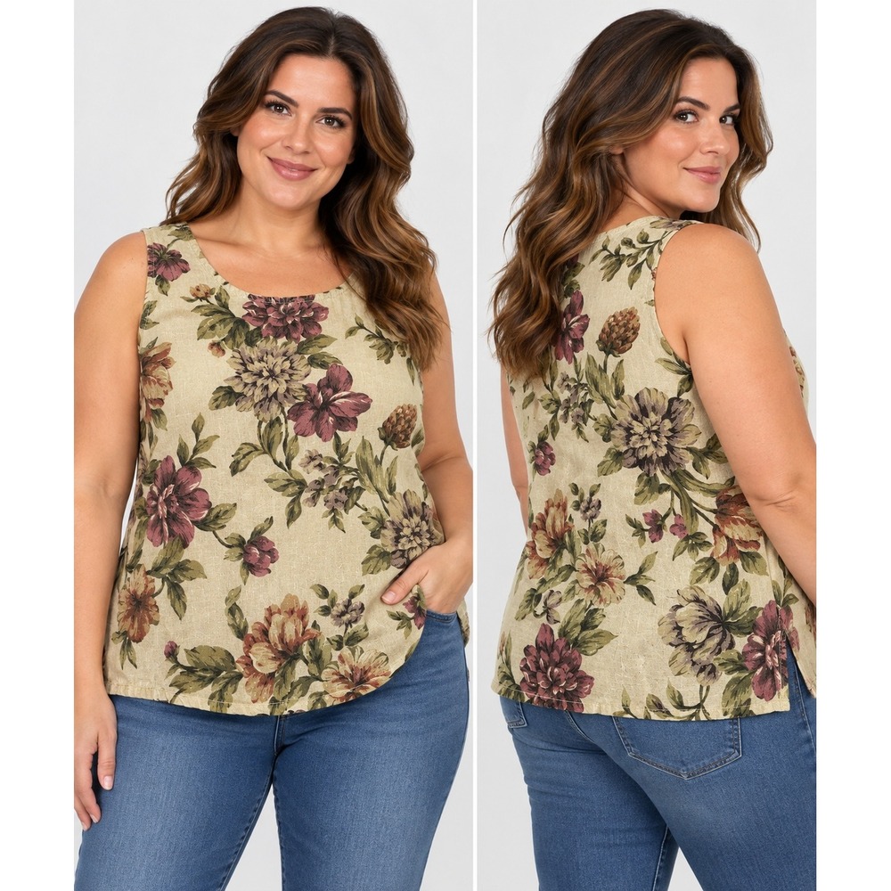 Hot Cotton by Arcware Linen Floral Sleeveless Tank Top Mauve Green Tan Large